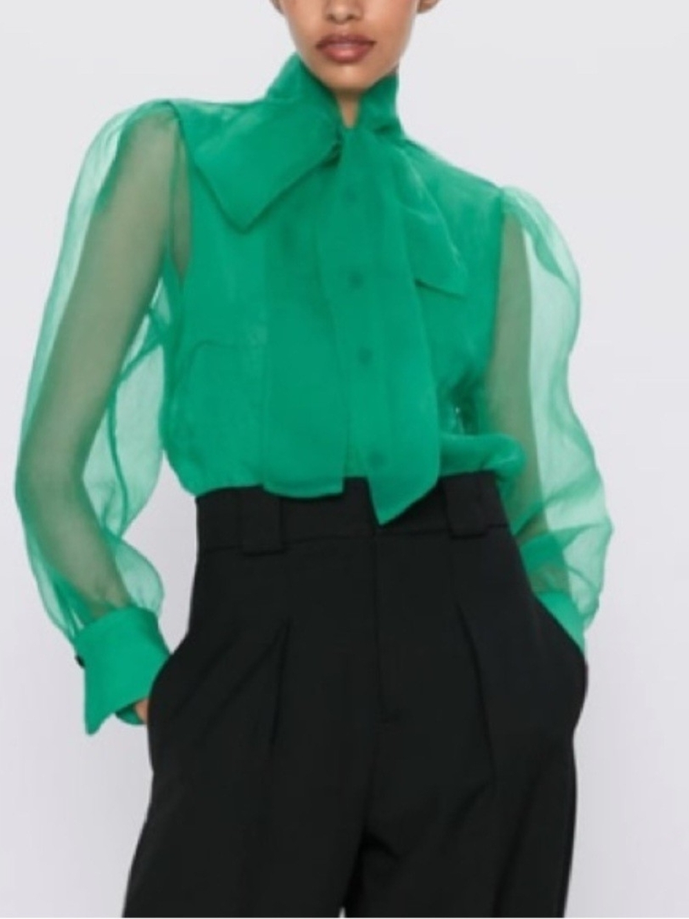 Zara Emerald Sheer Tie-Neck Blouse
